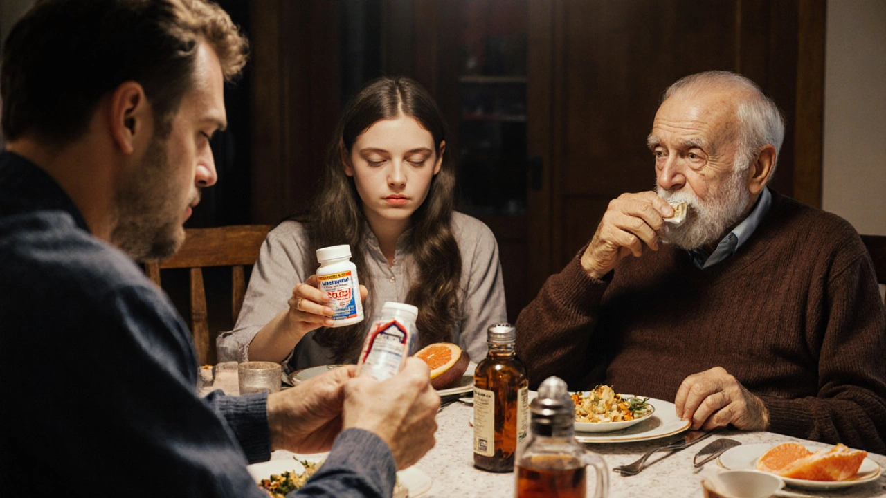 A family dinner where medication bottles sit on the table, hinting at unseen health risks.
