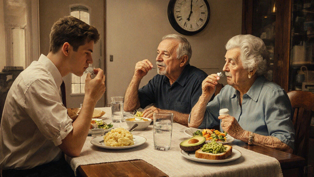 A family takes medications with meals, each with proper timing, in a warmly lit dining room.