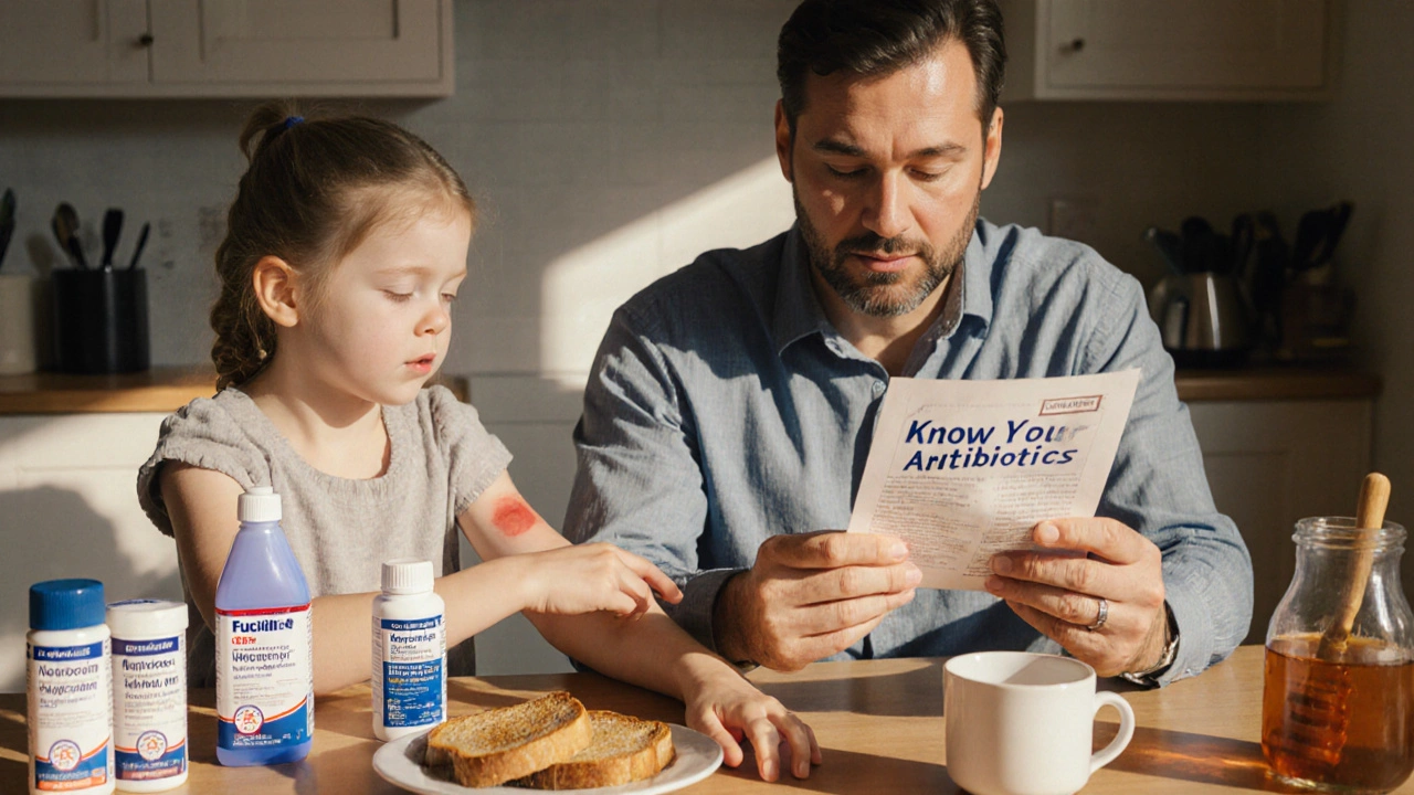 A father and daughter discuss antibiotic options at their kitchen table with creams and honey beside them.