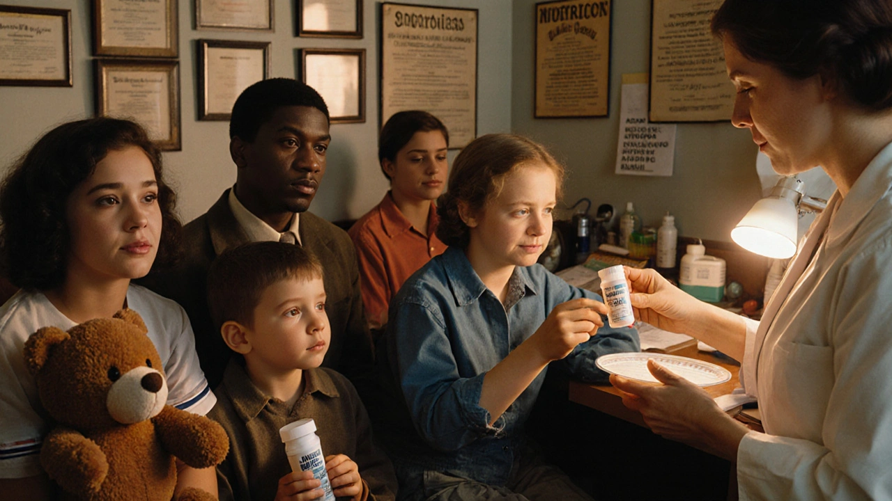 A nurse takes a skin swab in a small-town clinic while patients wait, with medical charts and culture plates visible.