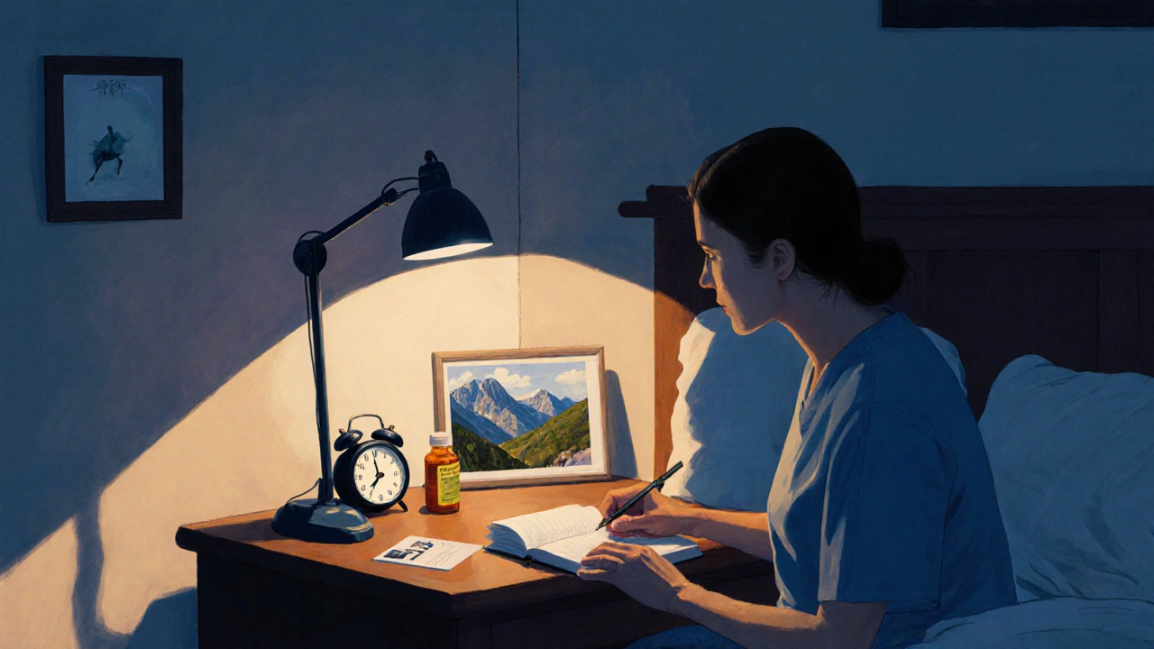 A person sits peacefully at a desk, journaling in a calm, softly lit bedroom.