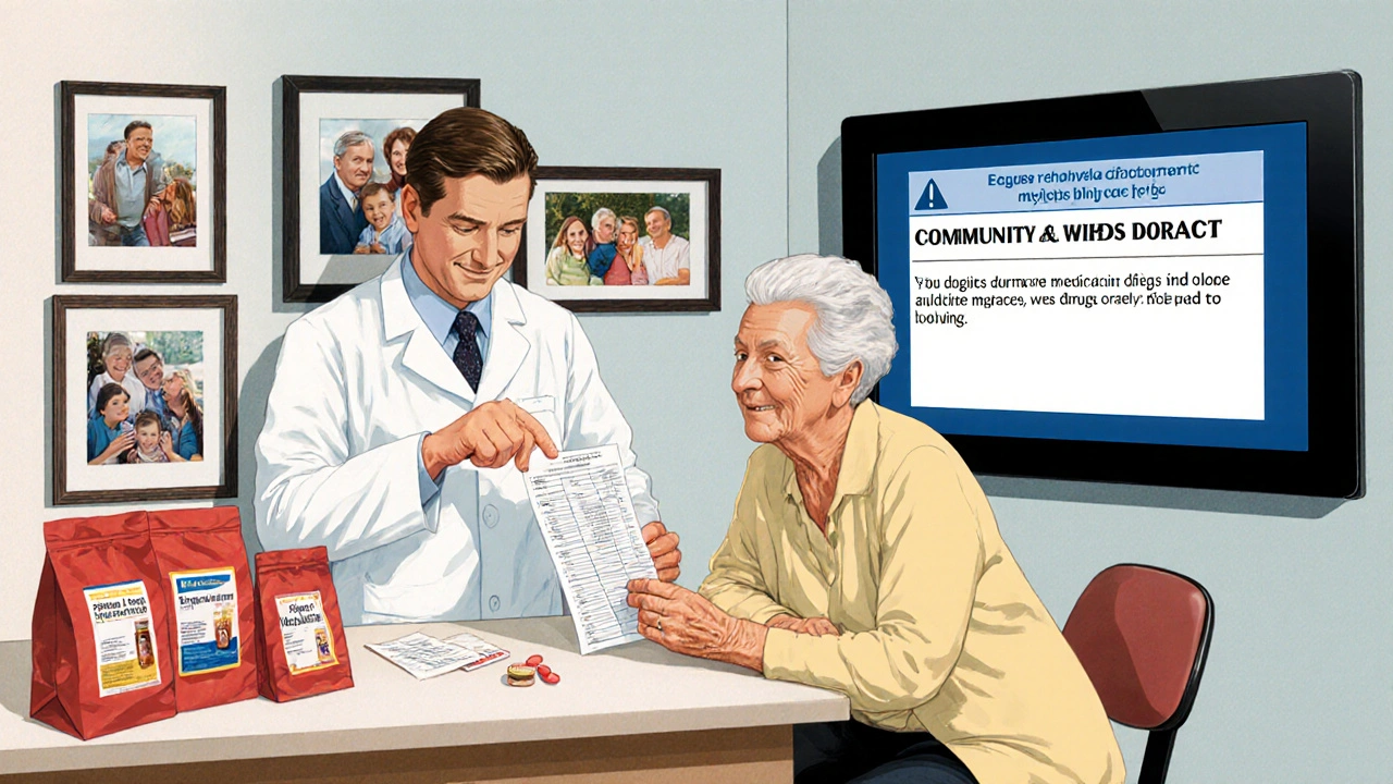 A pharmacist and senior patient discussing medications at a community pharmacy counter.