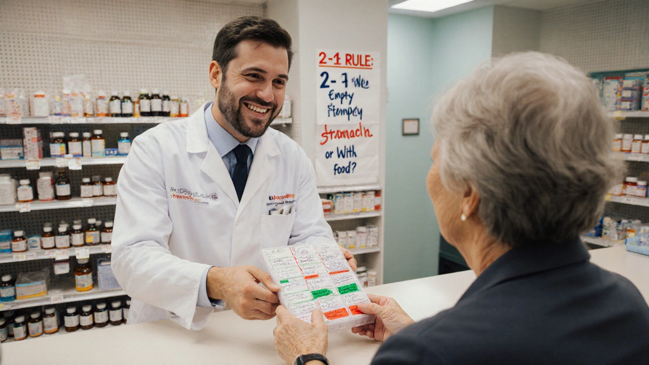 A pharmacist hands a color-coded pill organizer to a patient in a warm, detailed pharmacy setting.