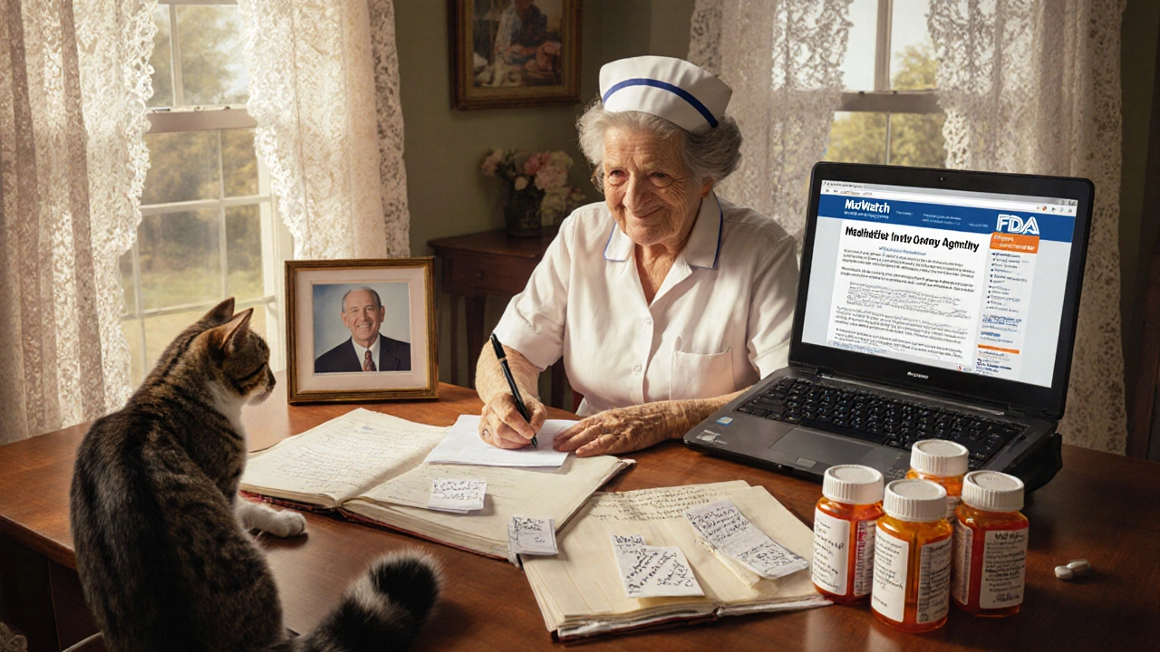 A retired nurse reporting a side effect to the FDA, surrounded by medical records and pill bottles.