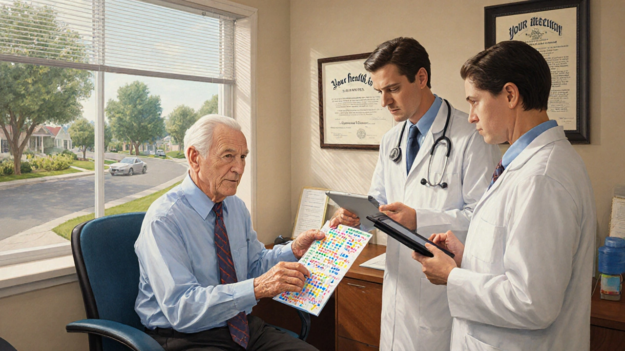 A senior patient sharing a medication list with doctors during a clinic visit.