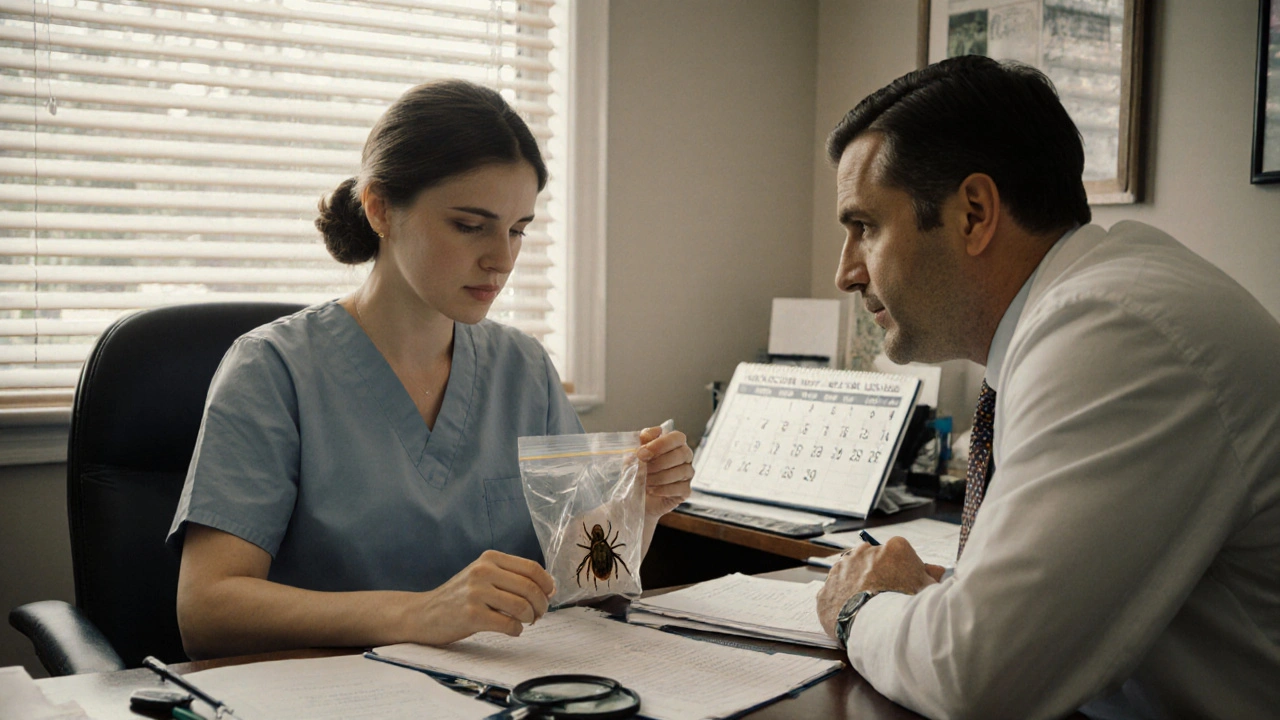 A woman hands a preserved tick to her doctor during a medical consultation.