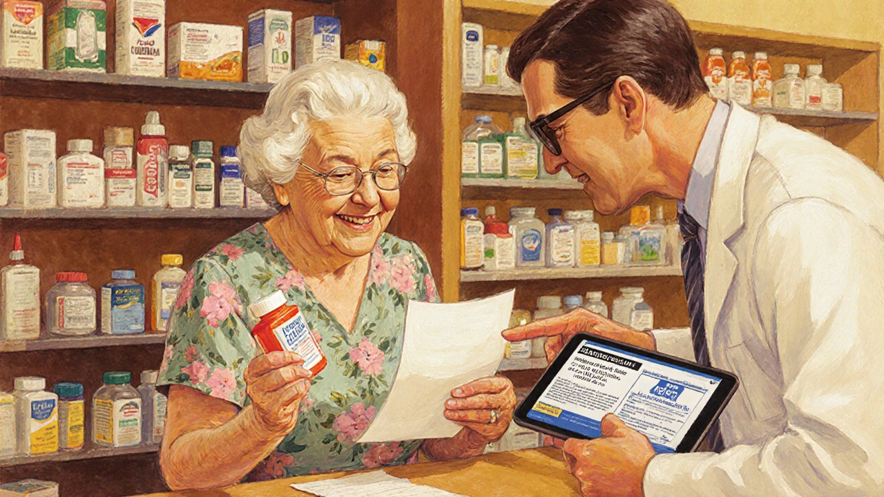 An elderly woman at a pharmacy counter discussing OTC meds with a caring pharmacist.
