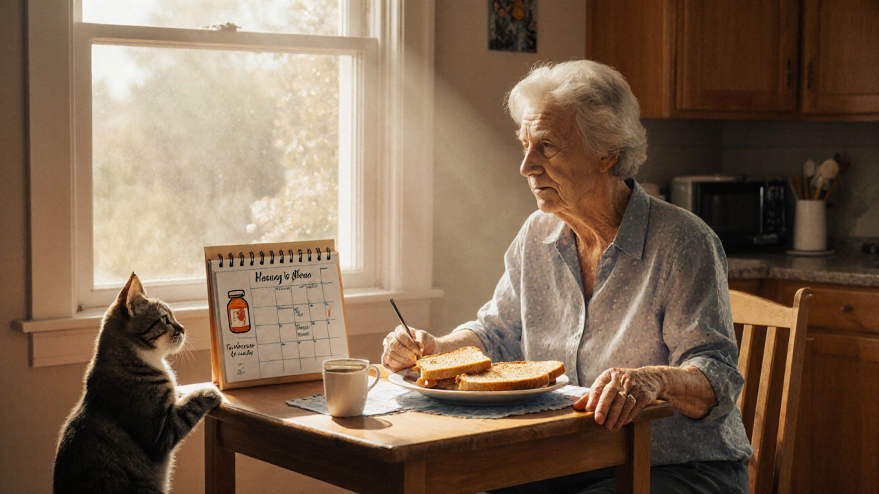 An elderly woman feels dizzy at her kitchen table in the morning, breakfast untouched beside her.
