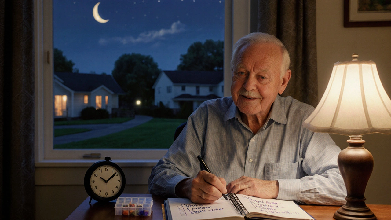 An older man journals about improved sleep and reduced dizziness after switching to nighttime medication.