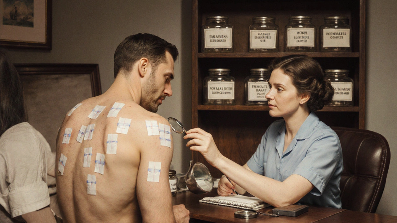 Dermatologist checking patch test results on patient&#039;s back in a warm office.