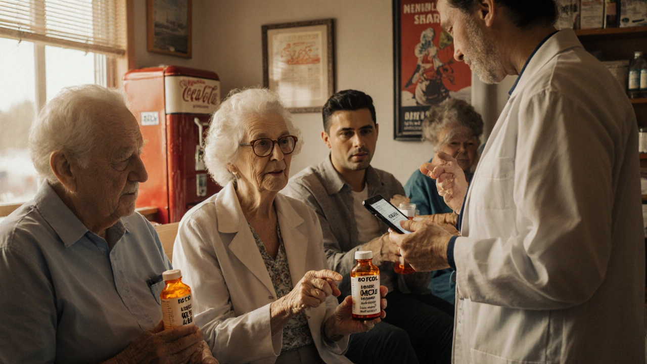 Diverse patients in a pharmacy discussing reactions with a pharmacist, each holding generic medication.