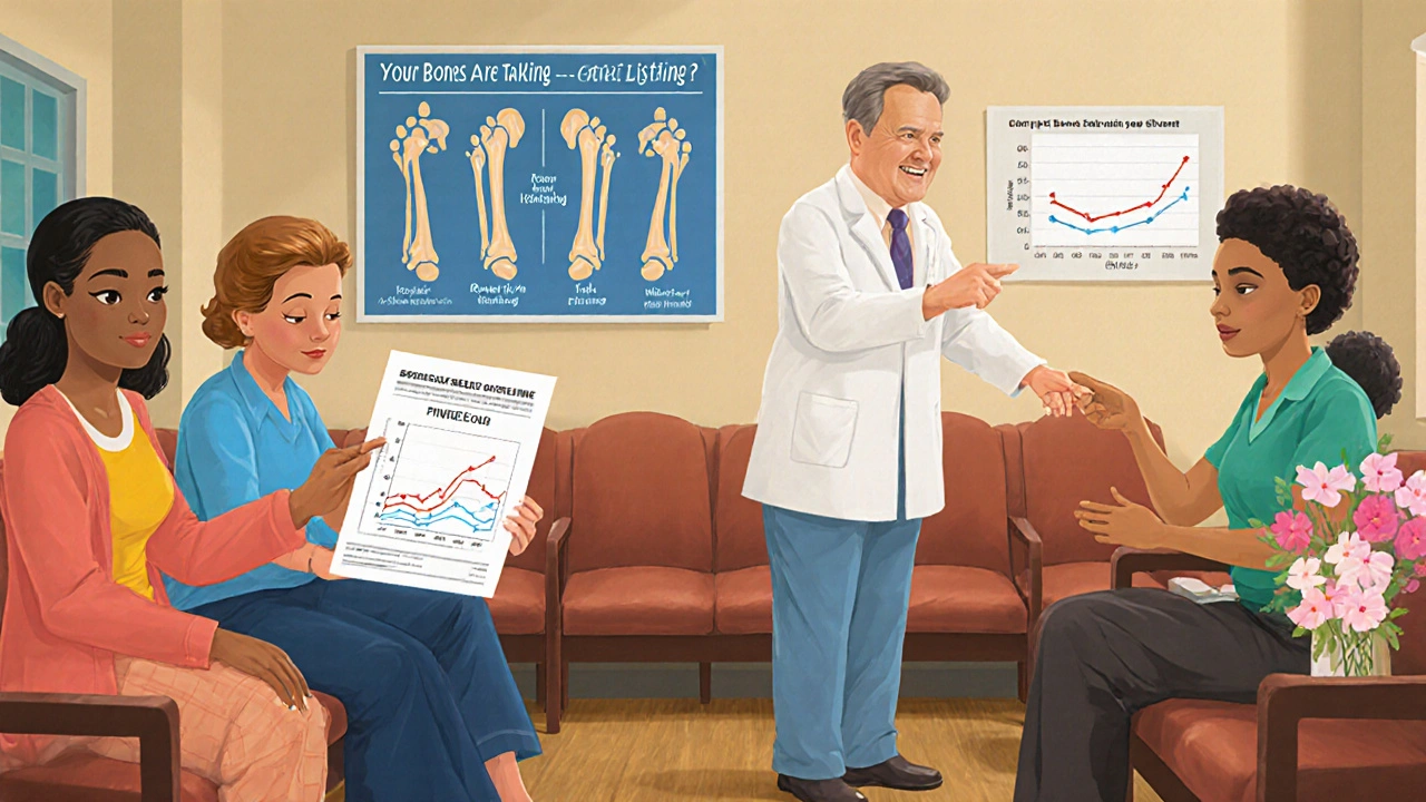 Diverse patients in clinic reacting to lab results showing improved bone turnover markers with educational poster in background.
