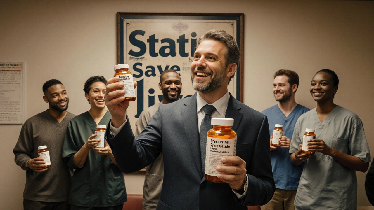 Diverse patients in doctor&#039;s office, one holding pravastatin bottle with relief.