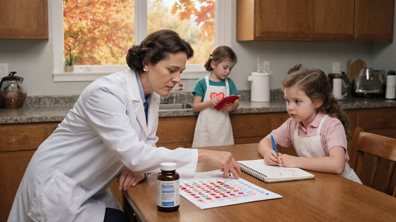 Doctor and patient reviewing blood test results at kitchen table with supplements nearby.
