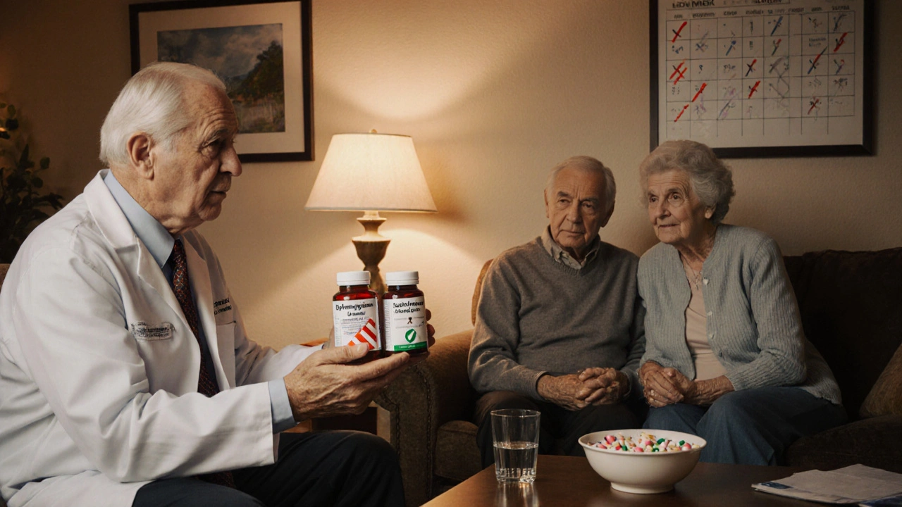 Doctor explaining antihistamine options to an elderly couple in cozy living room.