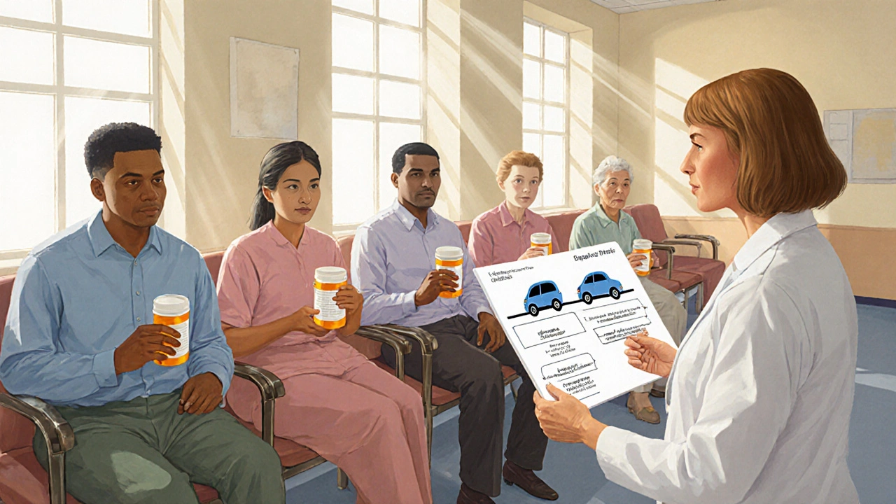 Doctor explaining drug equivalence to a patient in a clinic, with diverse patients in the background.