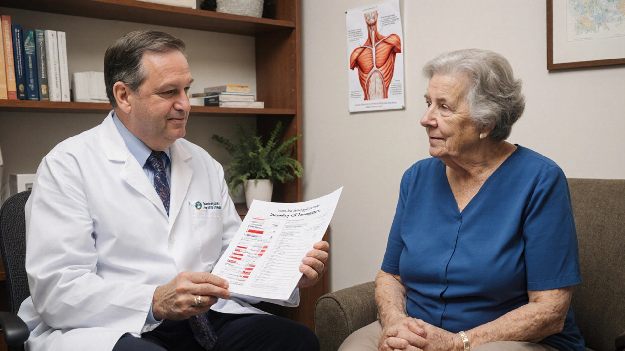 Doctor showing blood test results to patient in clinic, highlighting elevated muscle enzyme levels.