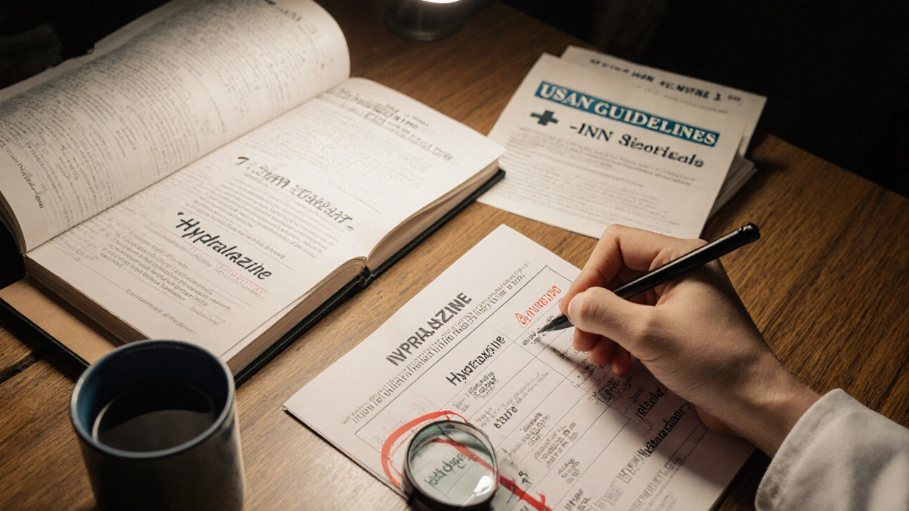 Doctor writing a prescription with USAN and INN reference books showing drug stems and warning labels.