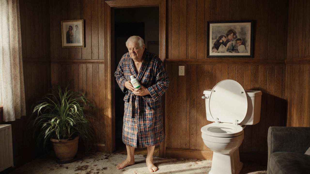Elderly man hesitating outside bathroom, holding antihistamine bottle with symbolic constipation imagery.
