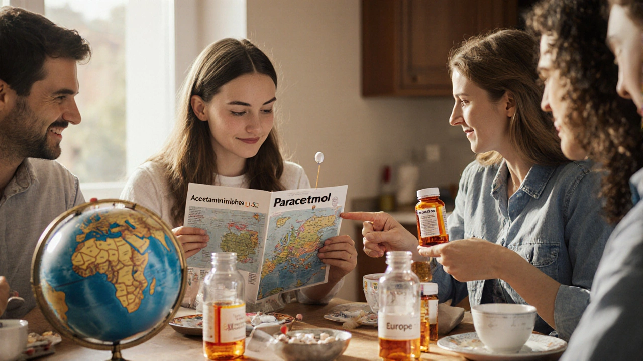 Family at breakfast comparing U.S. and European drug names on pill bottles with a globe on the table.