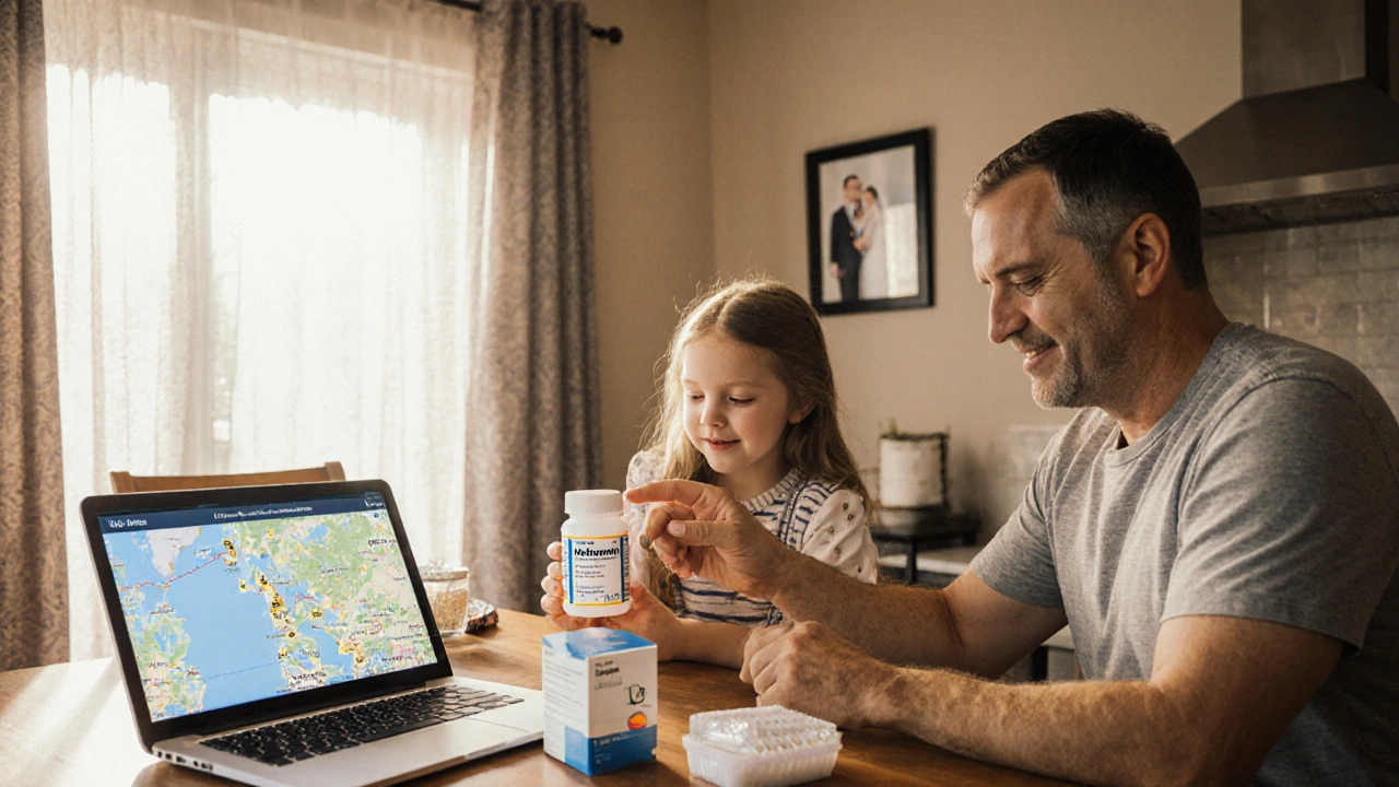 Family at kitchen table examining a pill bottle with a live shipment map on laptop, thermal box nearby.