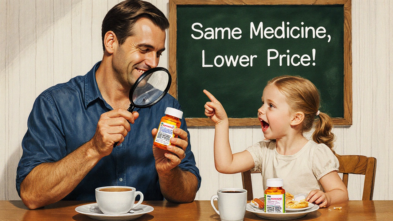 Family examining generic and brand-name pill bottles at the kitchen table with a magnifying glass.