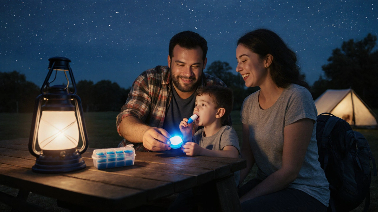 Family takes chewable medicine during a camping trip, tablet changing color as it&#039;s chewed.
