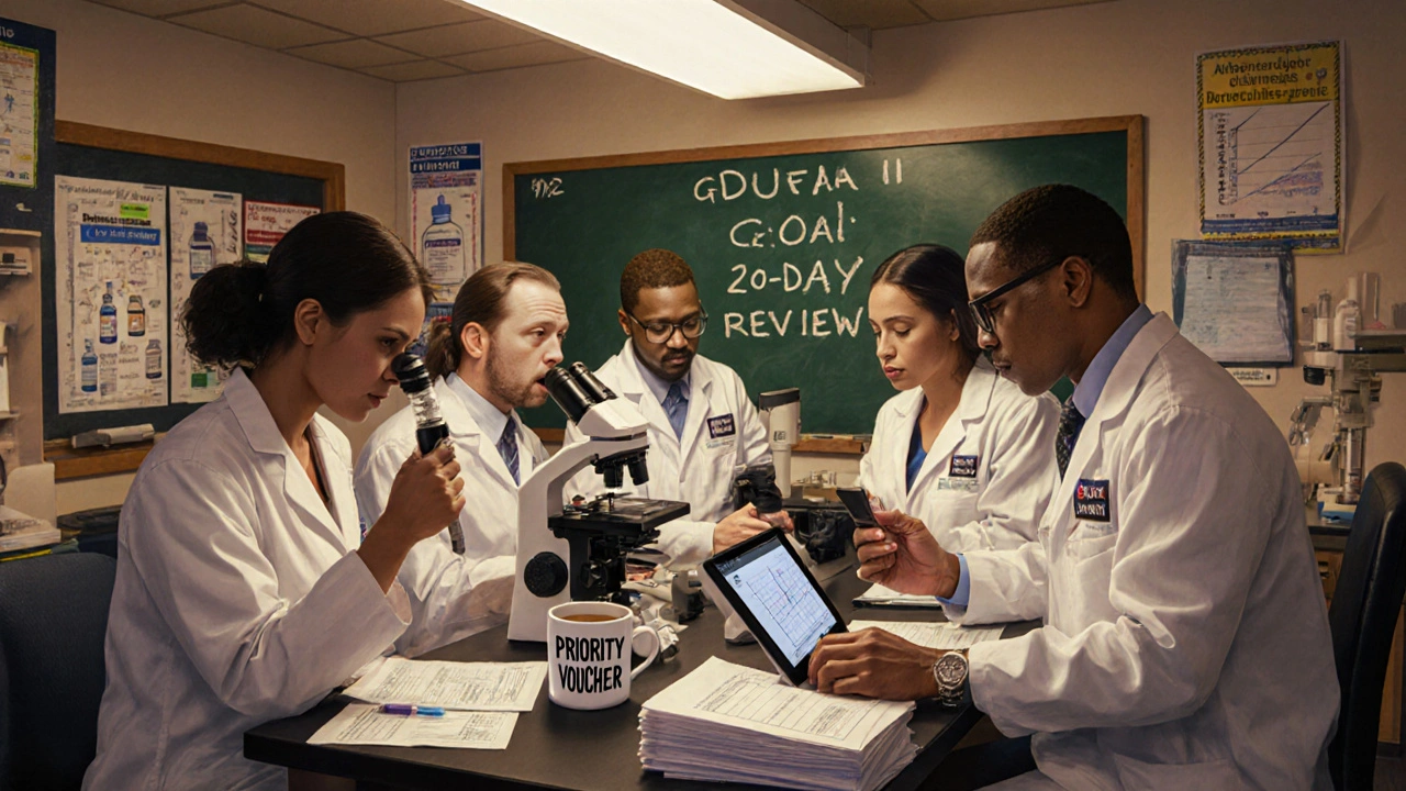 FDA scientists review complex drug formulations in a 2025 lab with digital data displays.