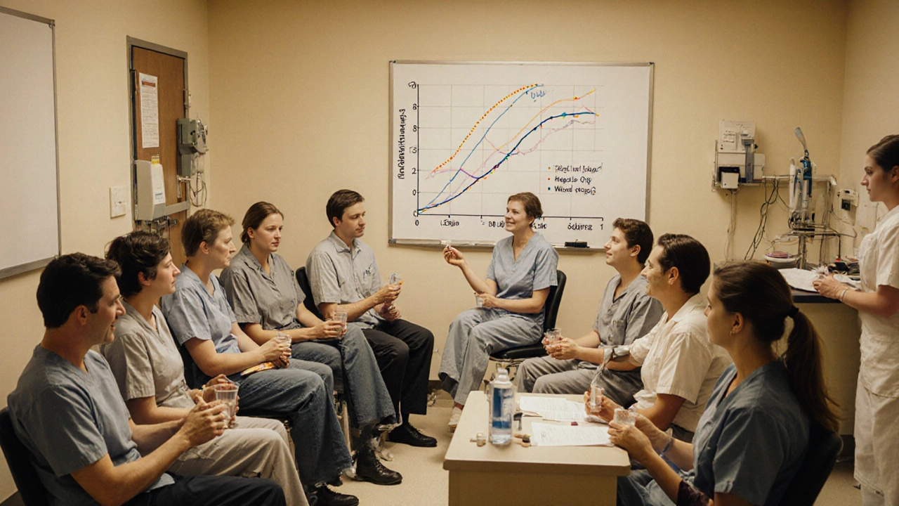 Healthy volunteers in a clinical study having blood drawn while bioequivalence data is displayed on a wall.