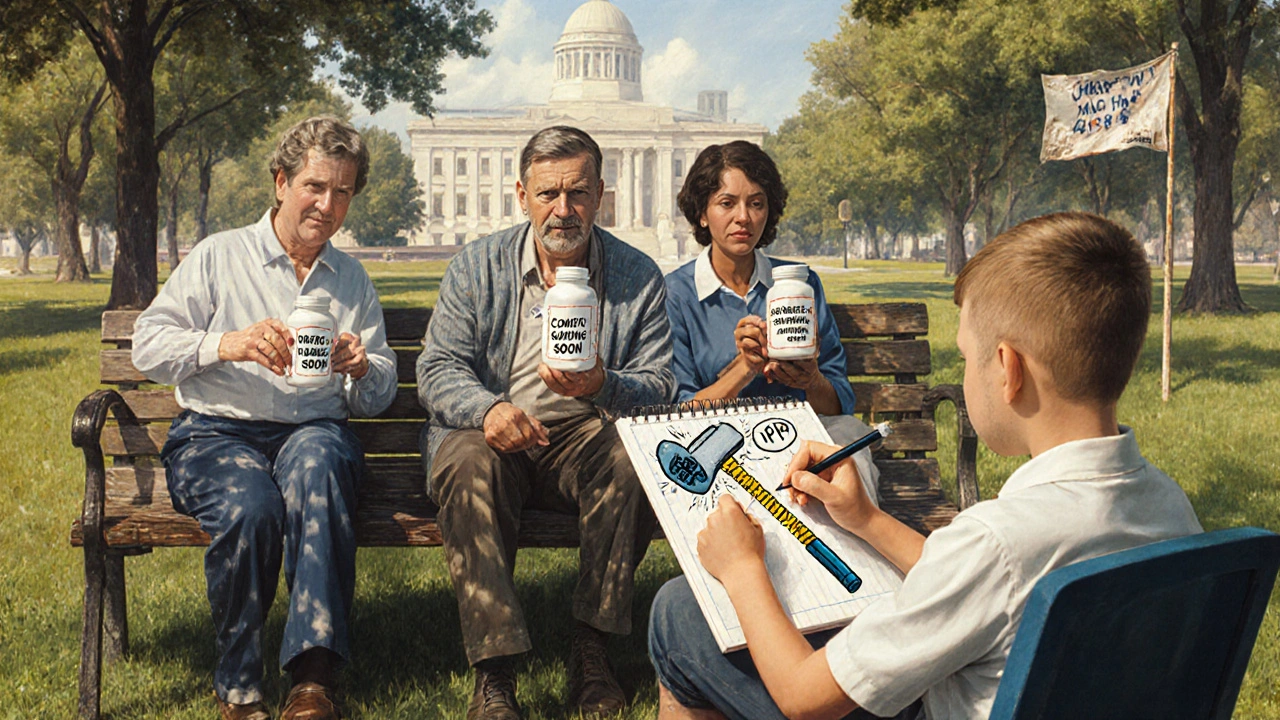 Patients on a park bench holding generic medicine with &#039;Coming Soon&#039; stickers, while a child draws a superhero defeating patent barriers.