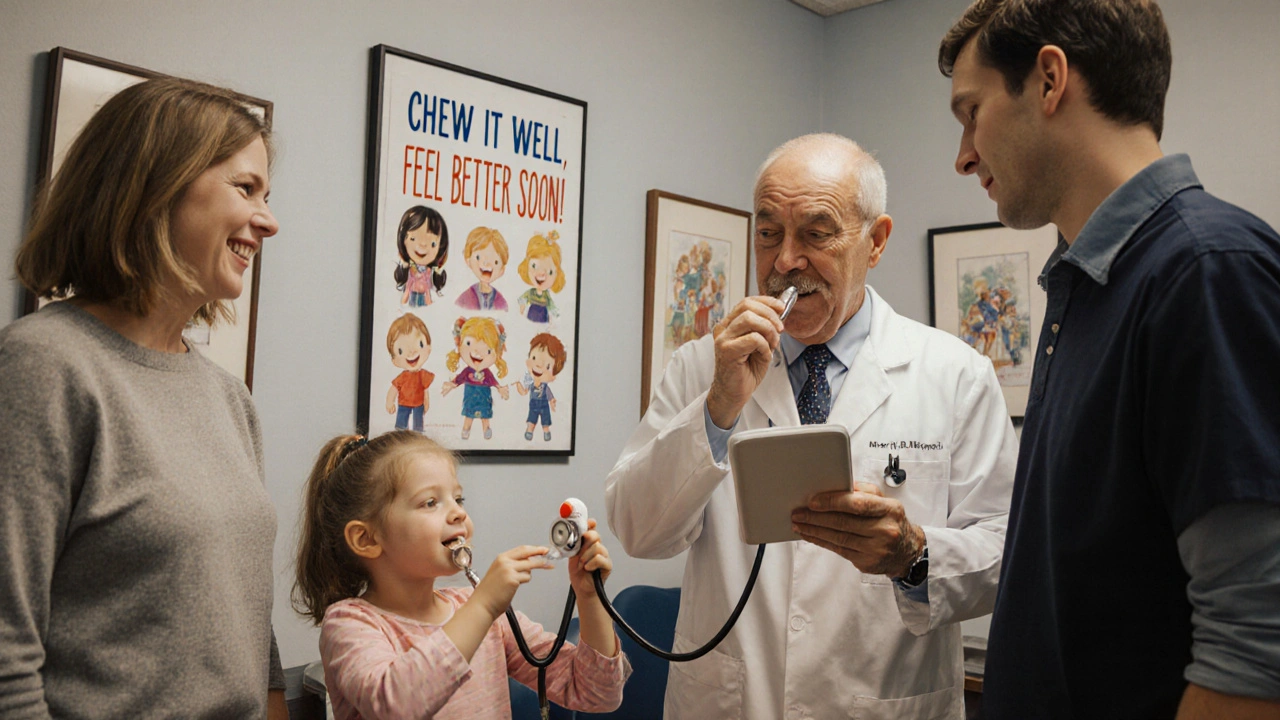 Pediatrician teaches children to chew medicine using a mirror in a warm, friendly office.