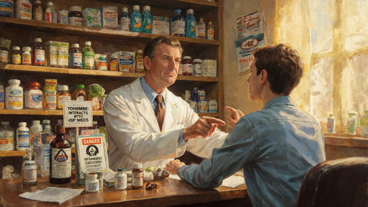 Pharmacist advising customer about dangerous supplement interactions at a pharmacy counter.