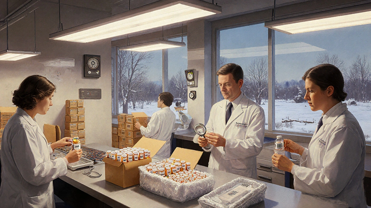 Pharmacists in white coats checking pill bottles in a clean warehouse, temperature monitors and insulated boxes visible.