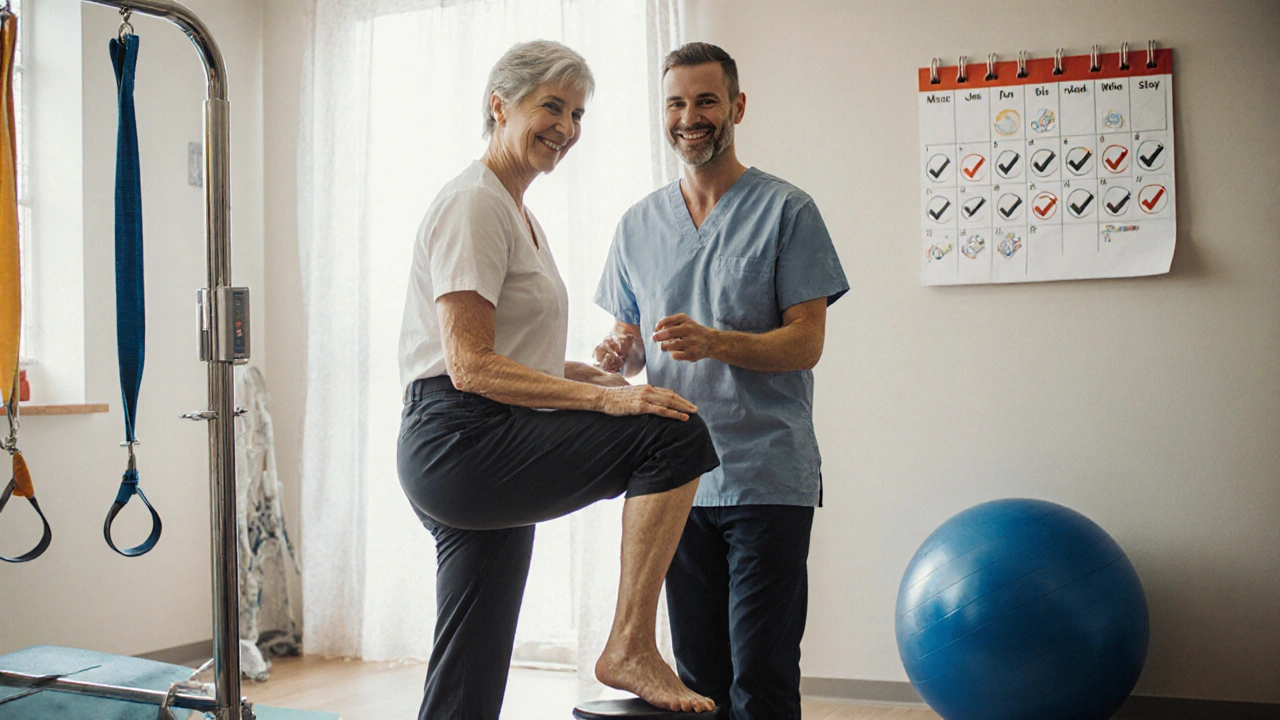 Physical therapist assisting patient with gentle leg exercise during muscle recovery.