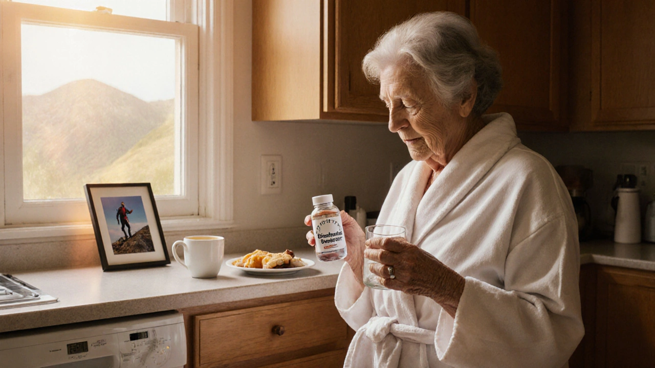Senior woman in robe carefully fasting before morning blood test, coffee and breakfast untouched on kitchen counter.