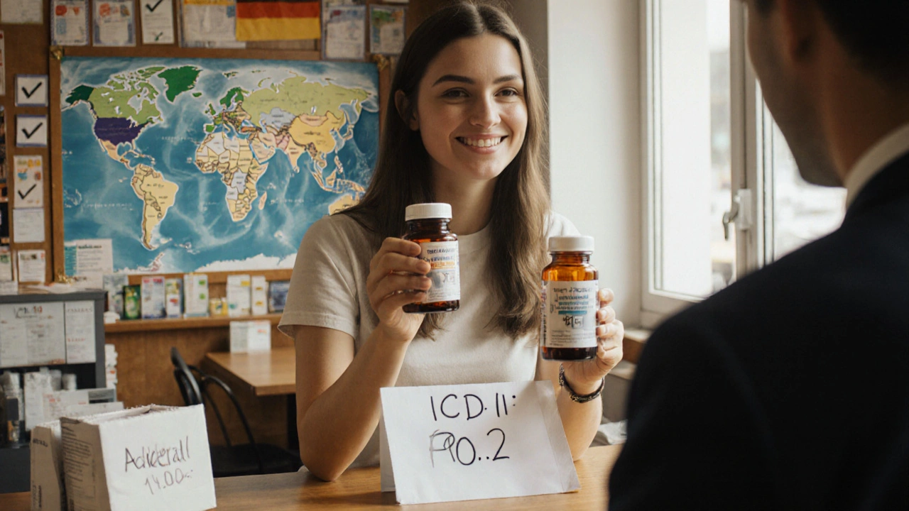 Woman in Berlin pharmacy receiving local prescription after losing her ADHD medication