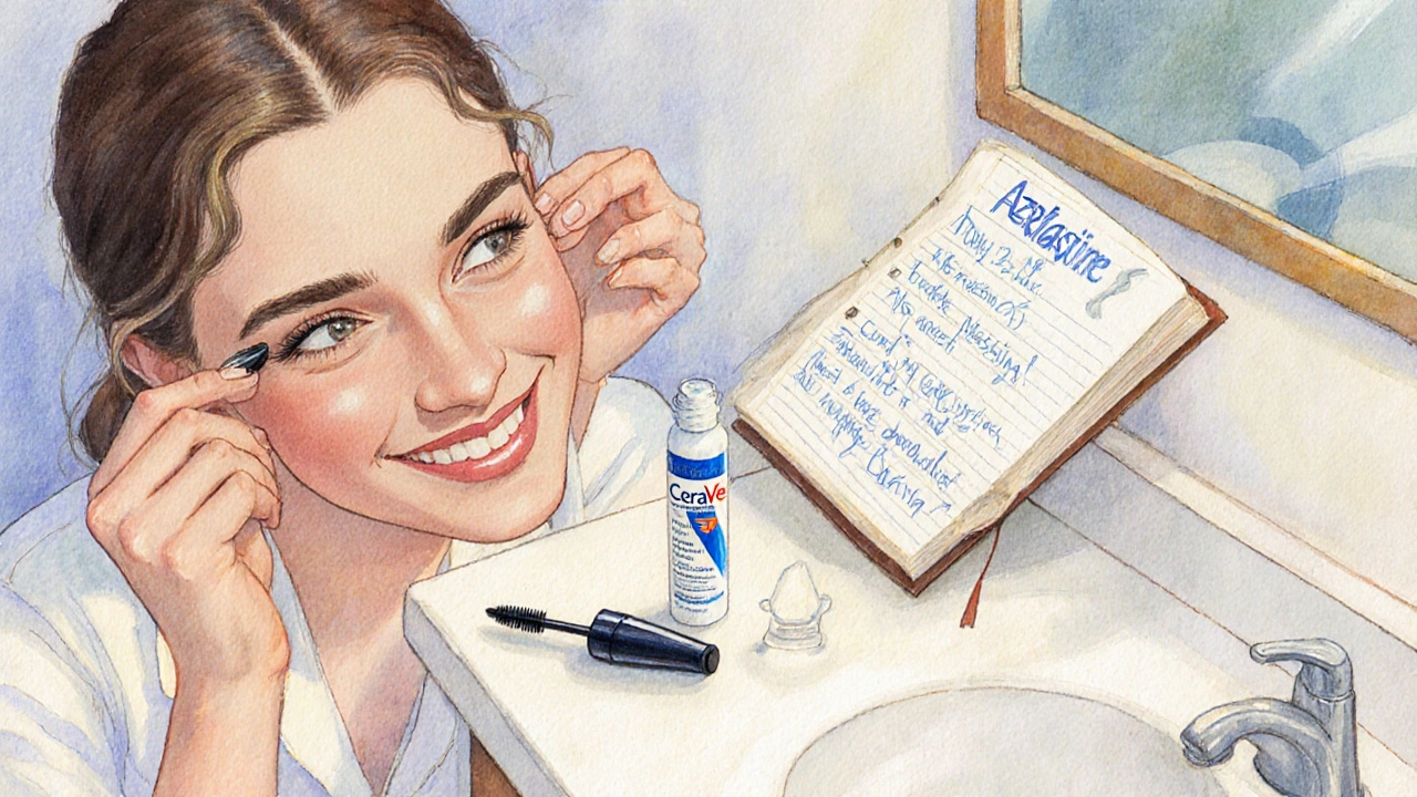 Woman using azelastine eye drops with safe skincare products nearby.