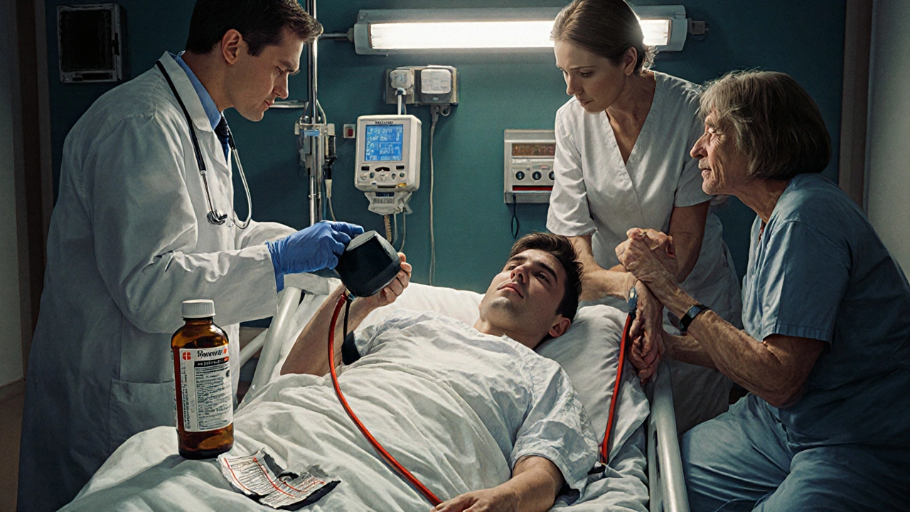 Young man in hospital ER with high blood pressure reading, family nearby, yohimbe bottle on floor.