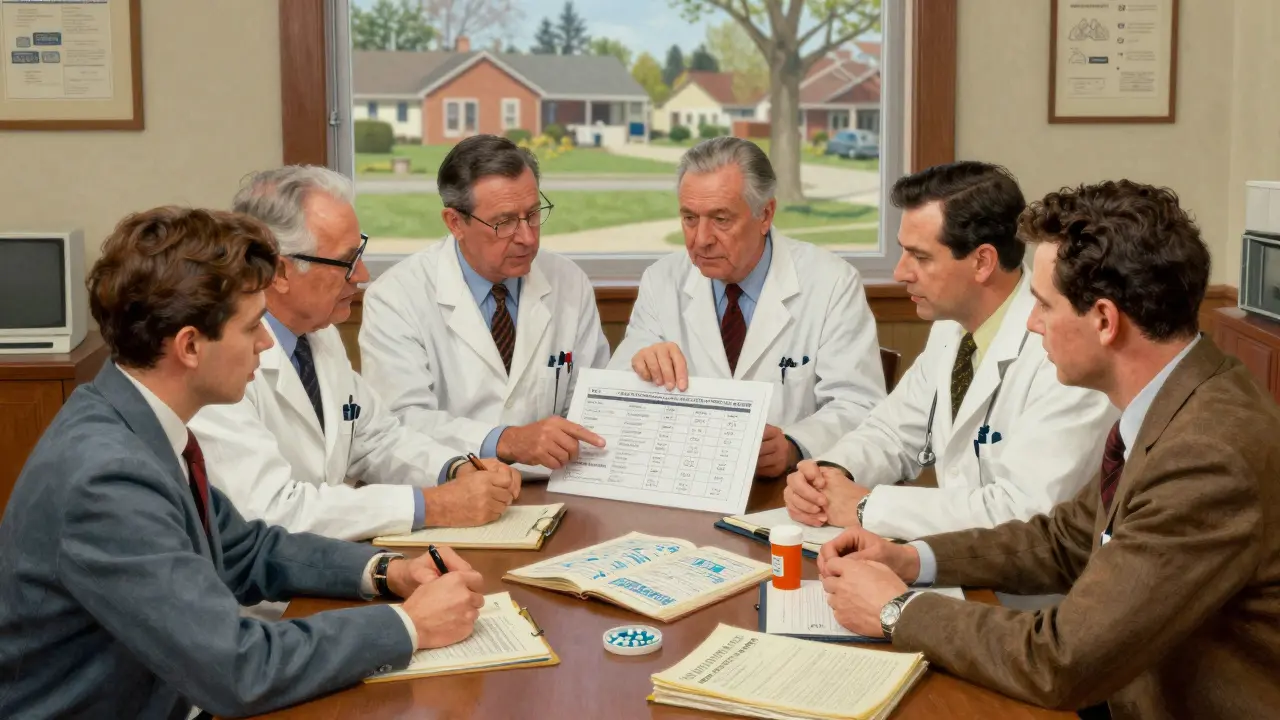 A committee of doctors and pharmacists reviewing drug data at a wooden table, surrounded by medical journals.