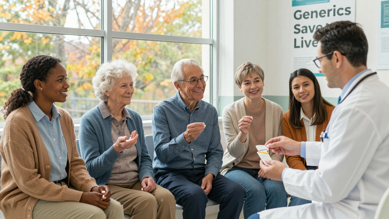 A diverse group of patients smile while receiving prescriptions, holding different generic pills with quiet confidence.