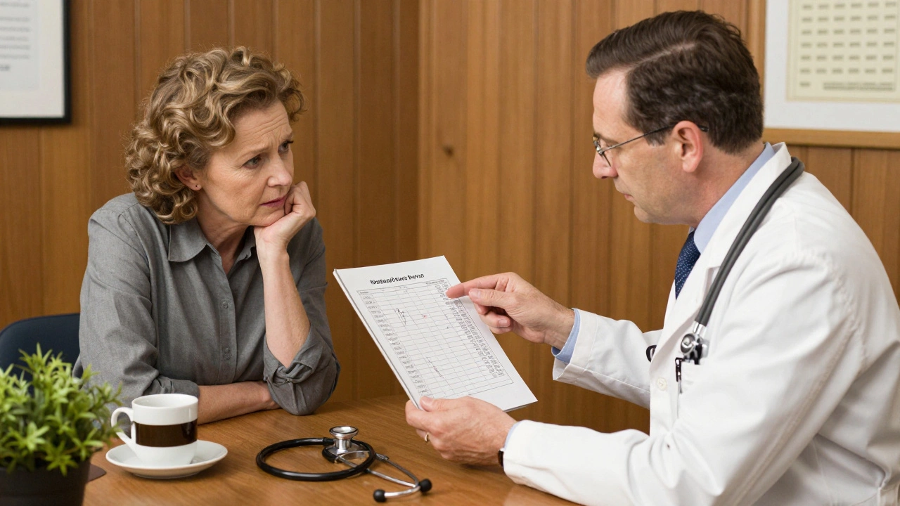 A doctor and patient review lab results together in a warm, classic clinic setting.