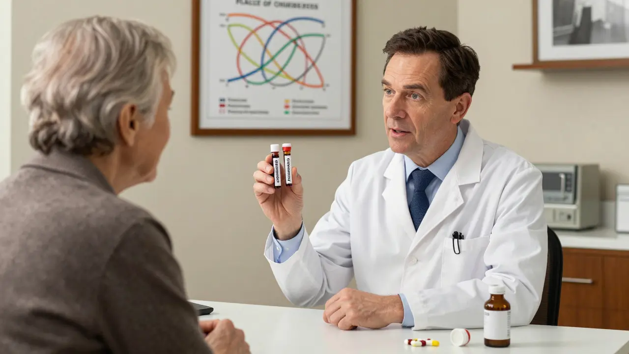 A doctor explains blood test results to an elderly patient in a cozy clinic setting.
