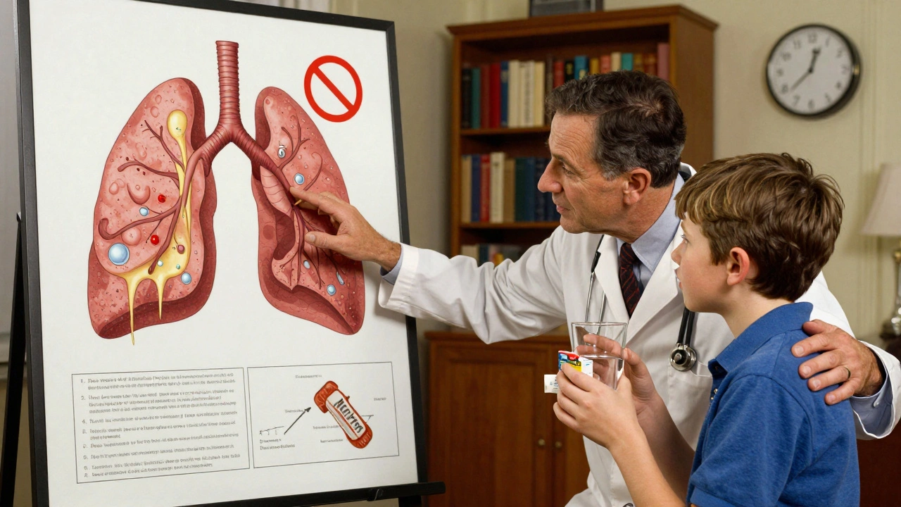 A doctor explains cough medicine to a child with a lung diagram, the child holding water and Mucinex in a cozy living room.