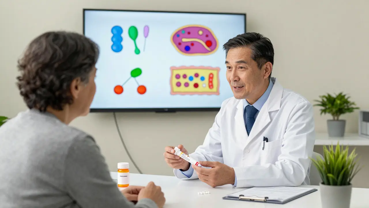 A doctor explains medication to a patient with diagrams visible on a wall monitor.