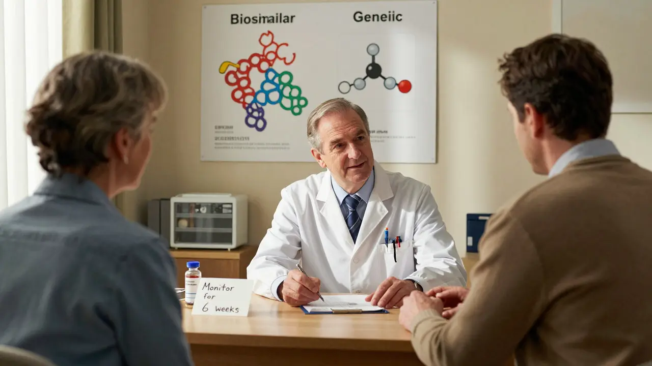 A doctor explains the difference between generics and biosimilars using a diagram in a cozy office.