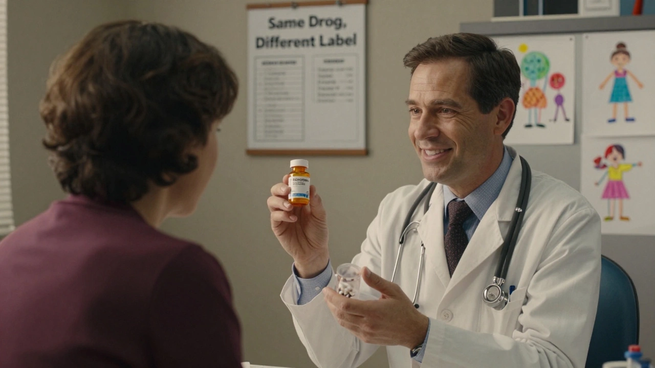 A doctor showing a patient two identical medication bottles—one branded, one generic—during a calm office visit.