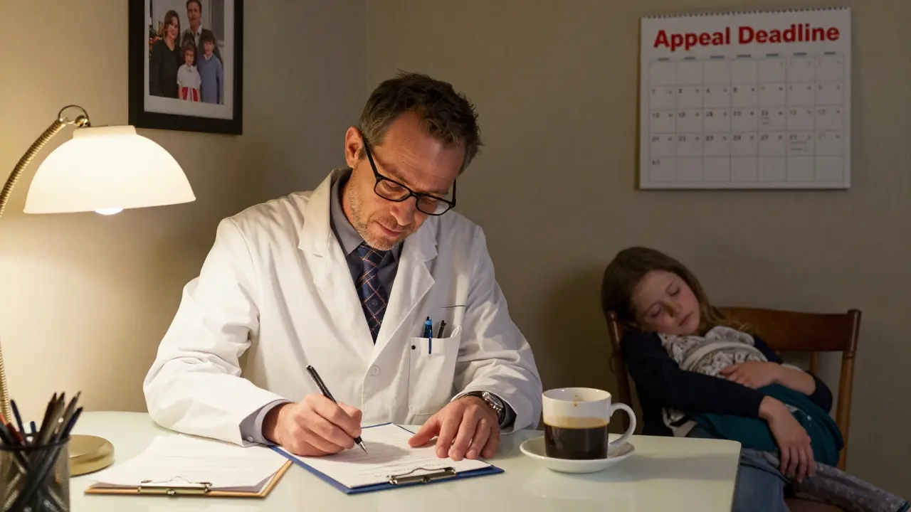 A doctor writing an appeal letter at night while a mother and child wait quietly in the background.