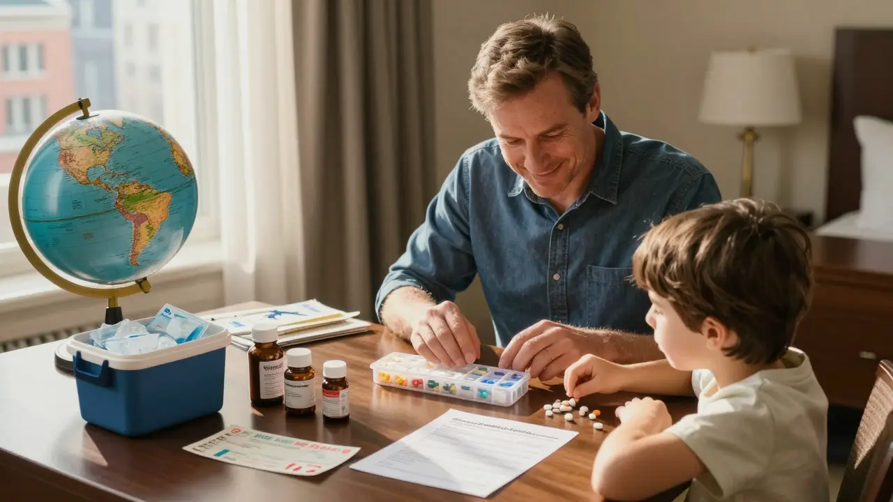 A family organizing medications in a hotel room with original bottles and a cooler nearby.