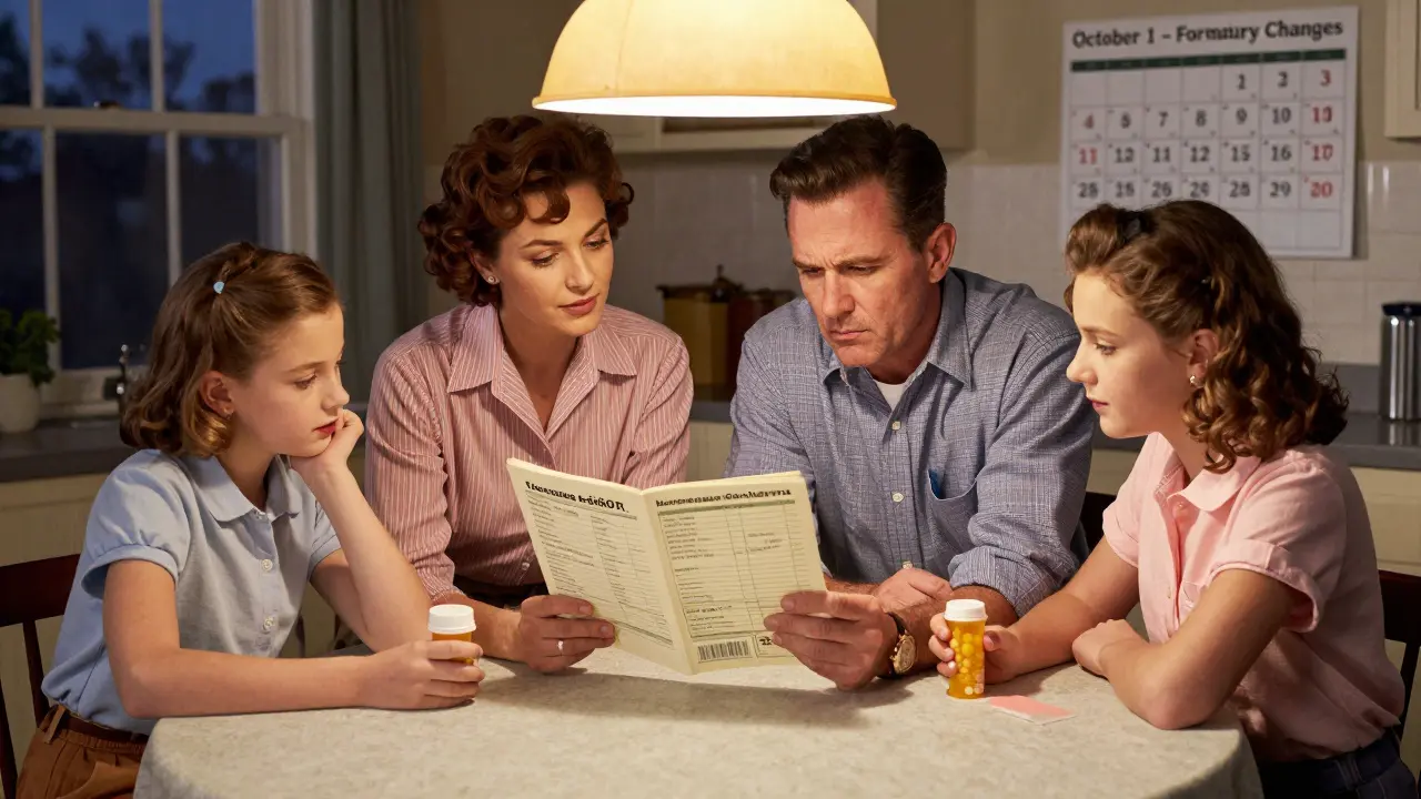 A family reviewing a thick insurance formulary booklet at their kitchen table under a warm lamp.