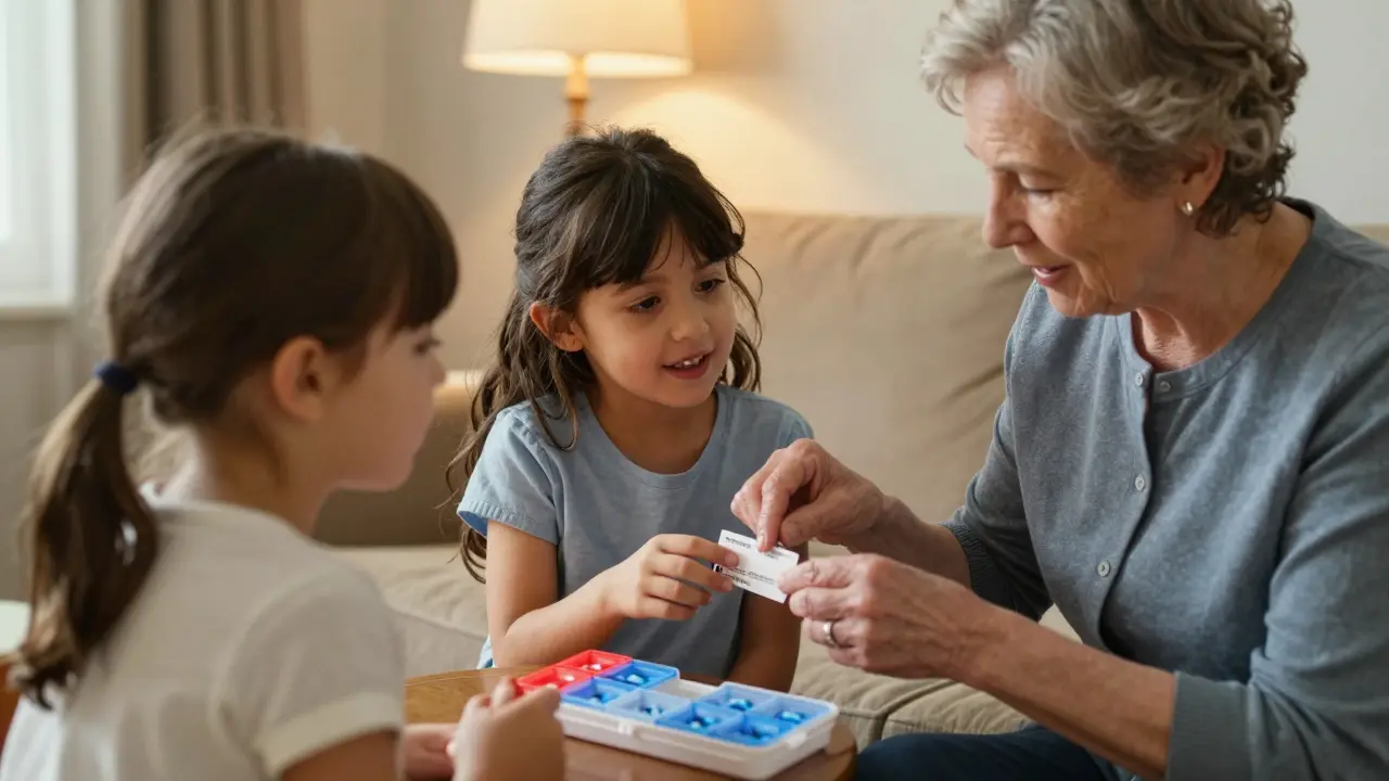 A grandmother teaching her adult child how to check medication labels together.